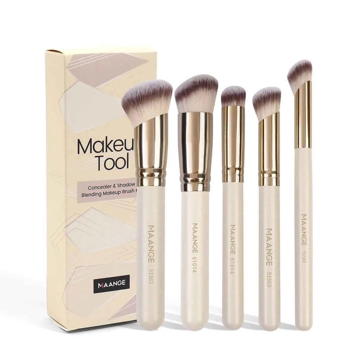 MAANGE five-piece angled blush and foundation makeup brush set with apricot handles.