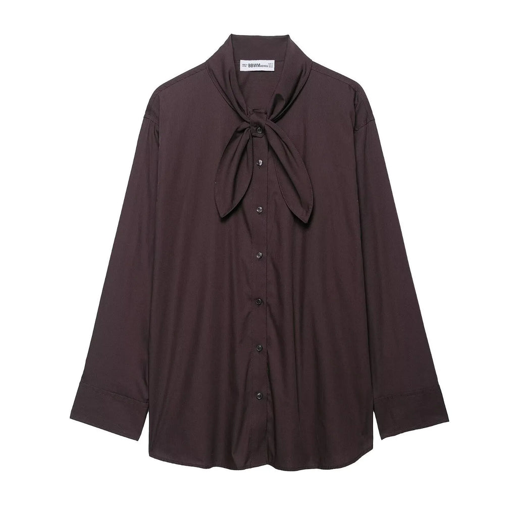 Brown women's poplin shirt with bow tie scarf, long sleeves, loose fit