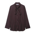 Brown women's poplin shirt with bow tie scarf, long sleeves, loose fit