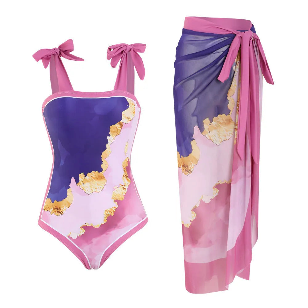 Multicolour floral print one-piece swimsuit with mesh tube top and attached skirt for swimming
