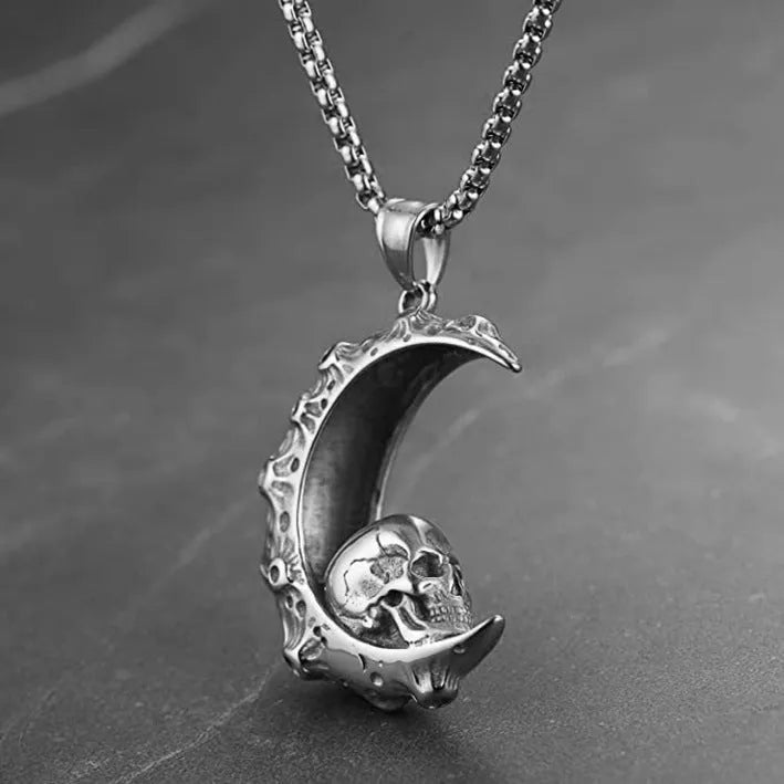 Men's stainless steel skull necklace with silver electroplated finish showing six pendant design options