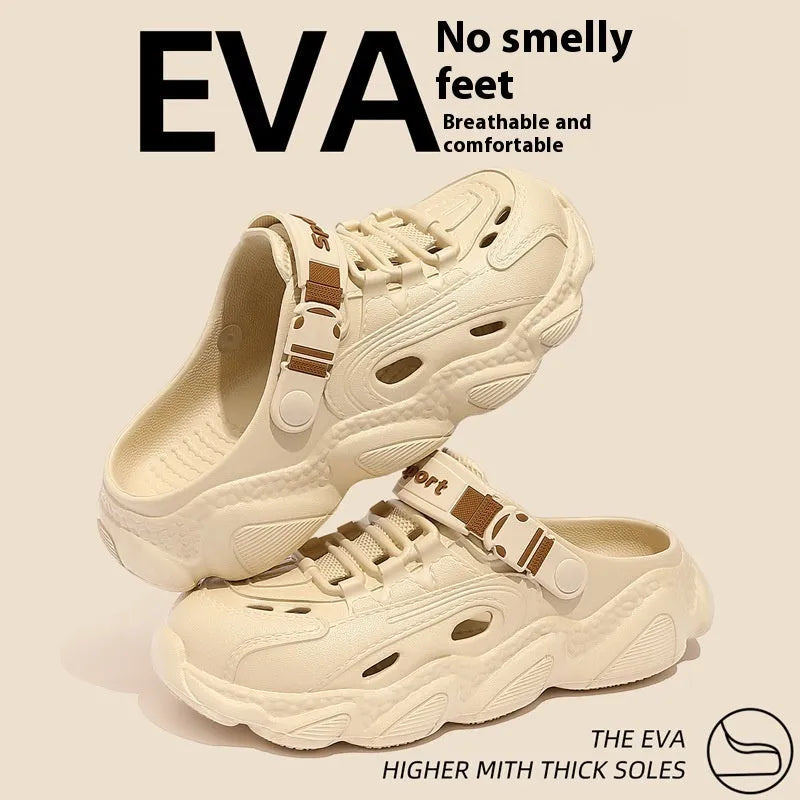 Men's khaki outdoor slippers with hollow-out design and light grey EVA non-slip sole.