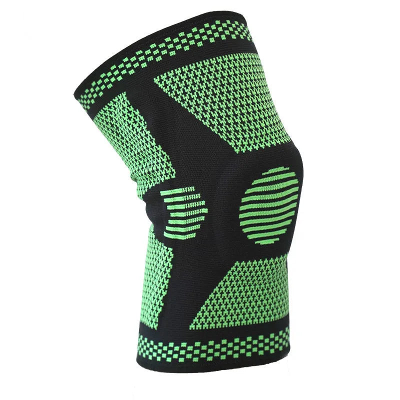 Silicone spring knee protection sleeve in blue, green, orange, or white, showing polyamide material and size fit guide.