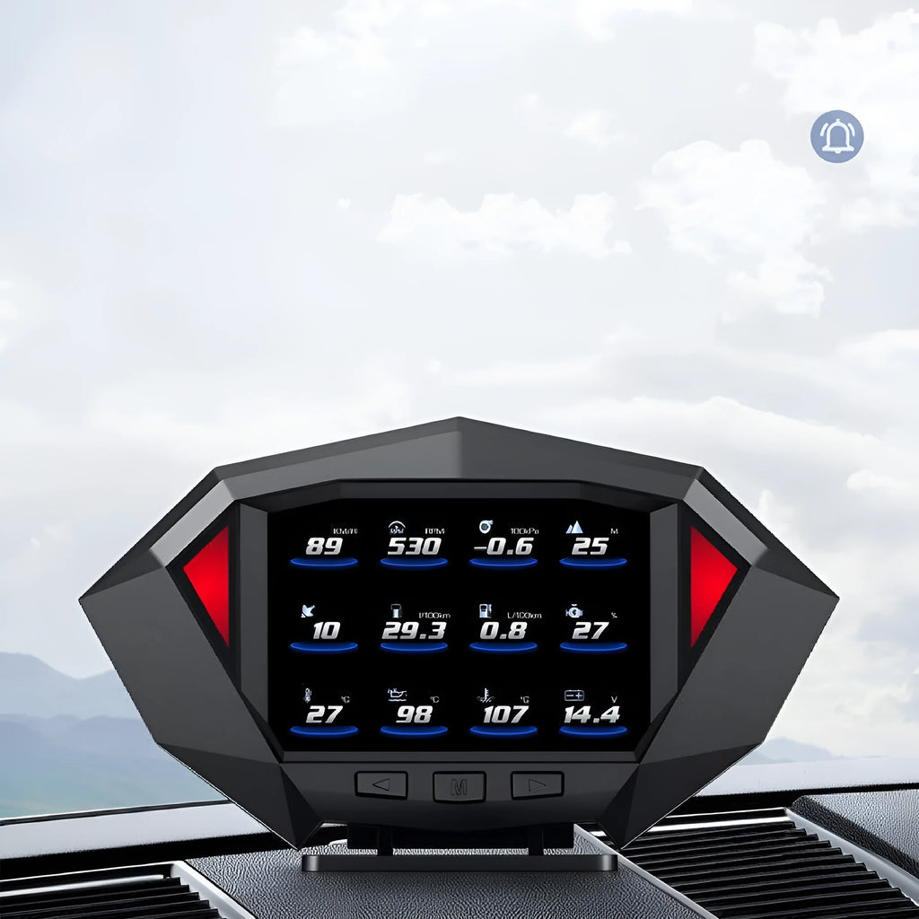 P1 black vehicle HUD head-up display unit with LCD screen, shown with OBD cable and anti-slip pad.