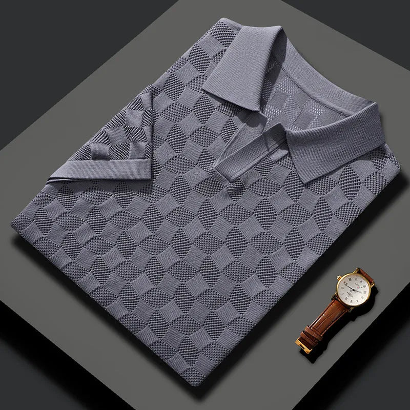 Men's mulberry silk short sleeve lapel sweater in a solid colour with Jacquard knit texture.