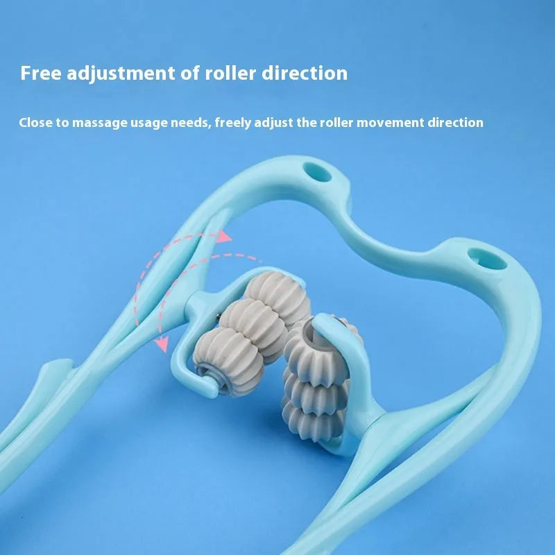 Blue plastic six-wheel electric neck and shoulder massager with control buttons on a white background