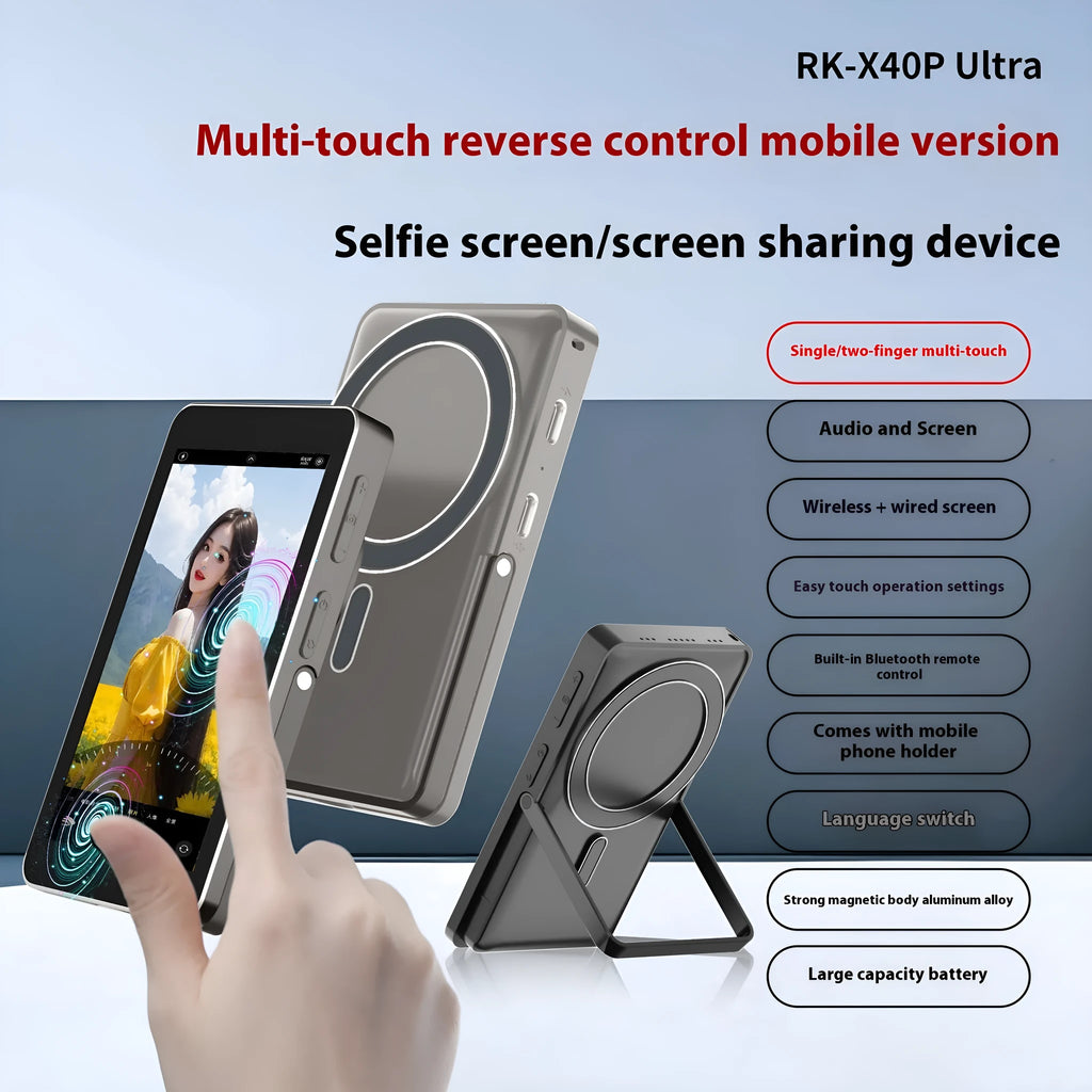 Rear magnetic suction selfie monitor with 4-inch touch screen and aluminium alloy body in black or grey