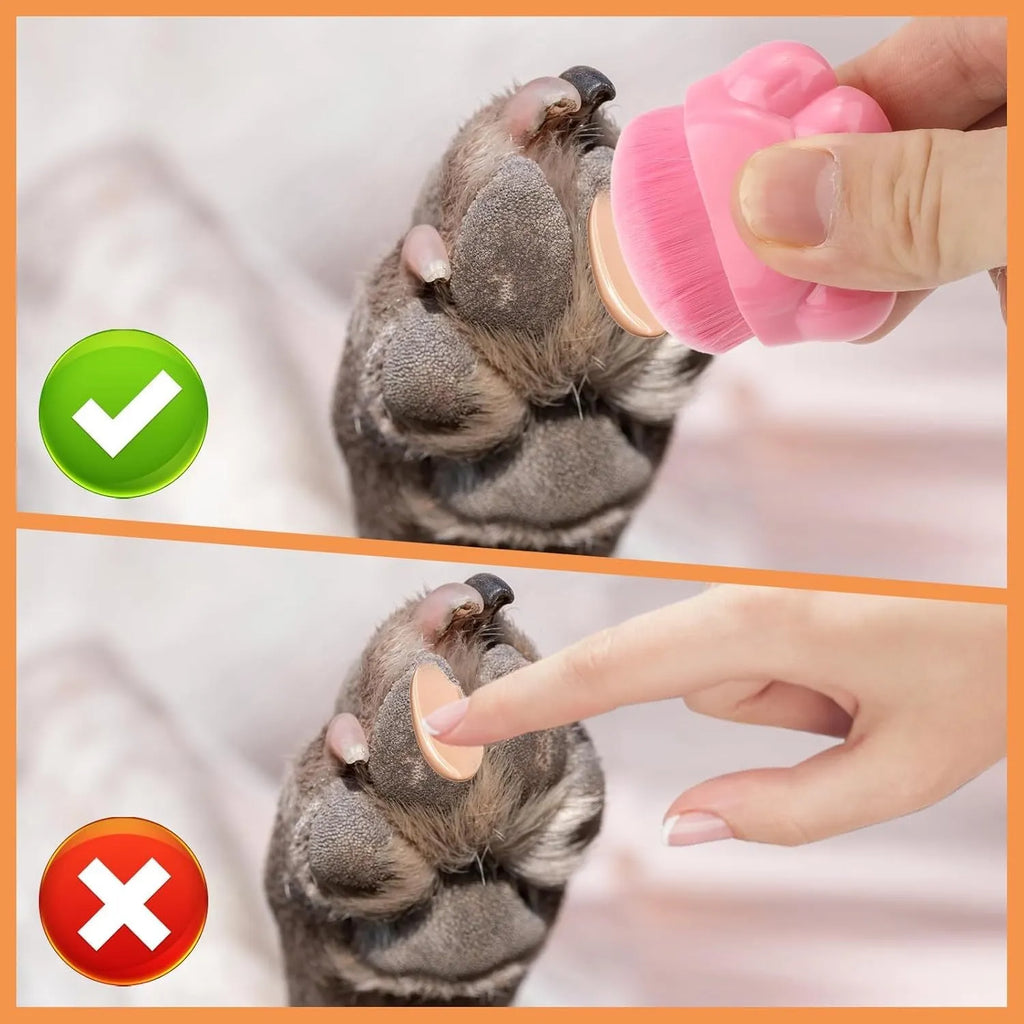 Three pet paw balm brushes with paw-shaped handles in individual storage boxes