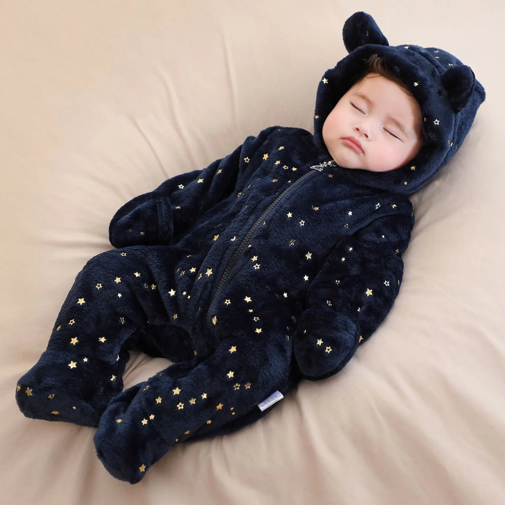 Fleece-lined flannel baby jumpsuit in dark blue, pink or white with bronzing bear or star design, sizes 50cm to 80cm