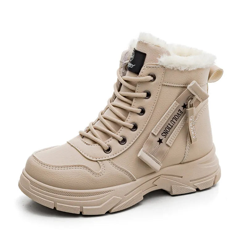 Plus size women's lace-up snow boots with fleece lining and a rubber sole.