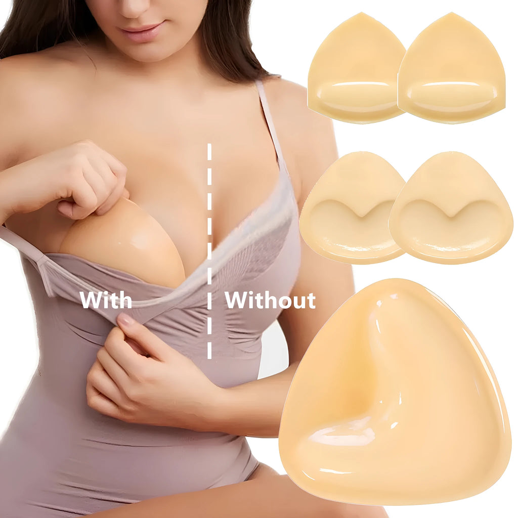 Double sided adhesive silicone bra inserts for push up lift in nude shades, reusable and water resistant
