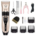 Dog shaver with titanium ceramic blade, rechargeable lithium battery, guide combs, and charger on a white background