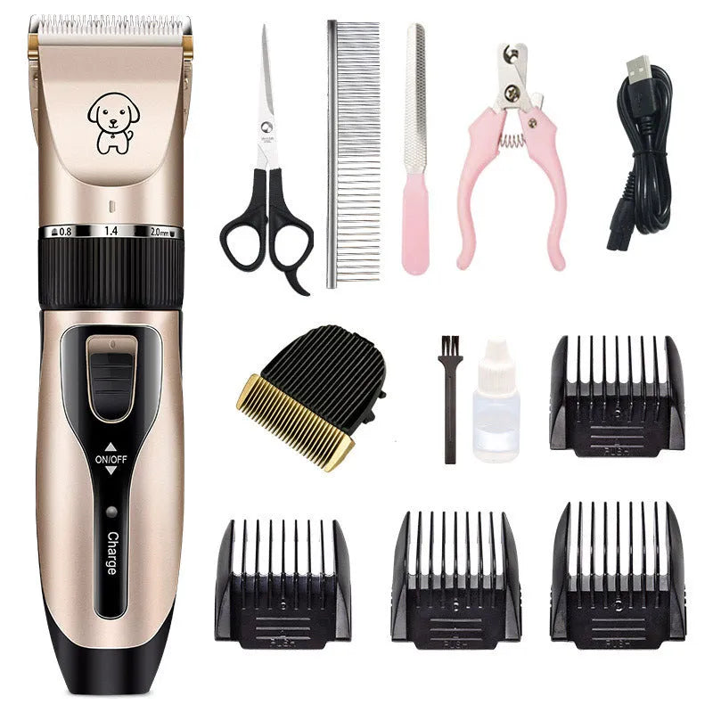 Dog shaver with titanium ceramic blade, rechargeable lithium battery, guide combs, and charger on a white background