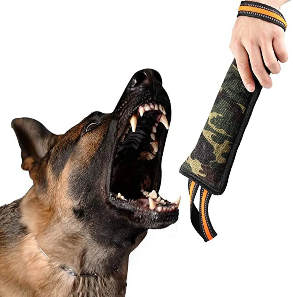 Yellow-edged jute rope dog training bite stick showing reflective material and approximately 55cm length