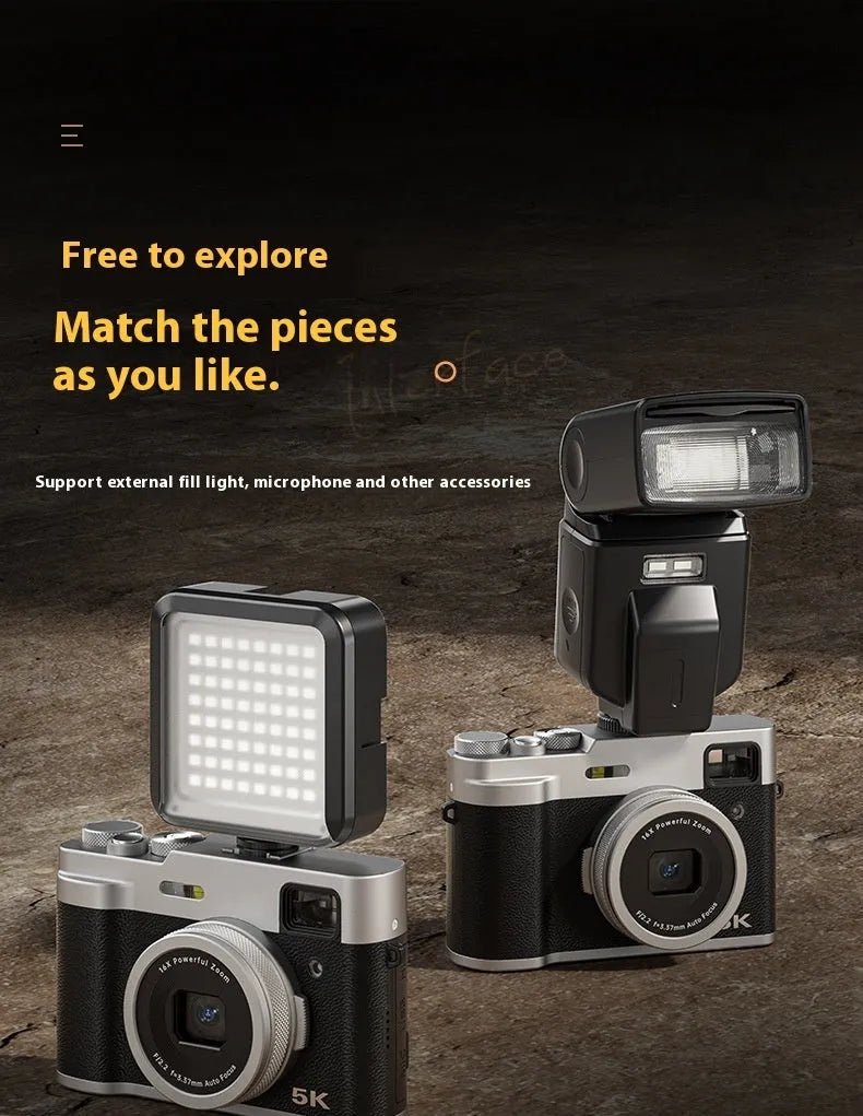 Black 5K digital camera with front and rear lenses, optical viewfinder, and a 2.88-inch display screen on the back.