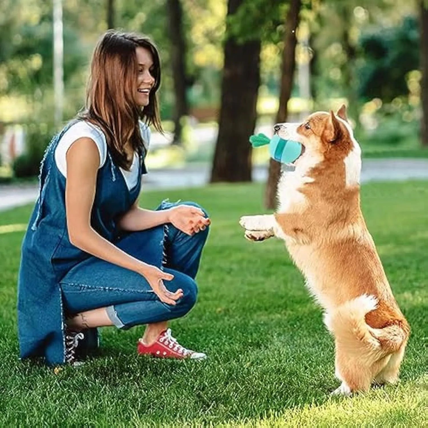 Blue durable rubber interactive dog toy ball with treat dispenser holes for medium large dogs.