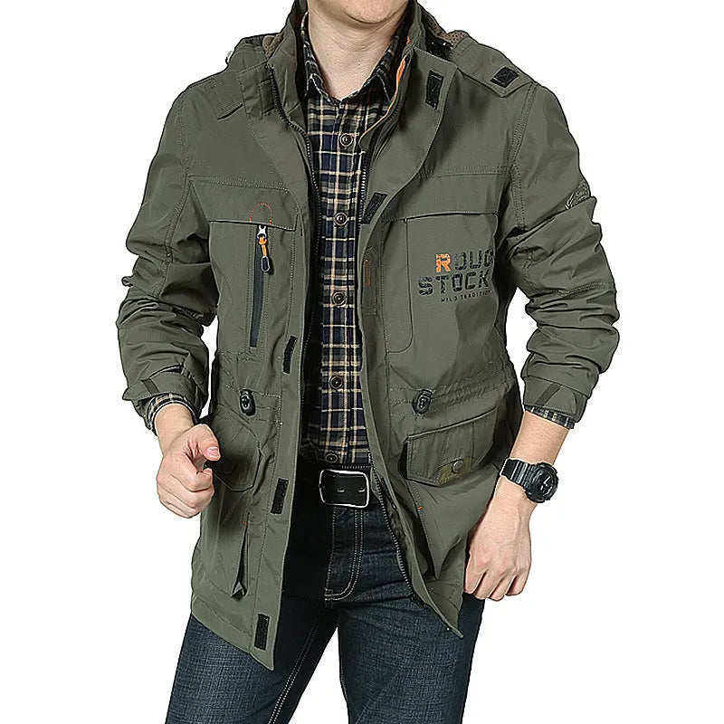 Men's spring thin jacket with hood and stand collar in black, waterproof nylon shell, available in sizes M to 4XL