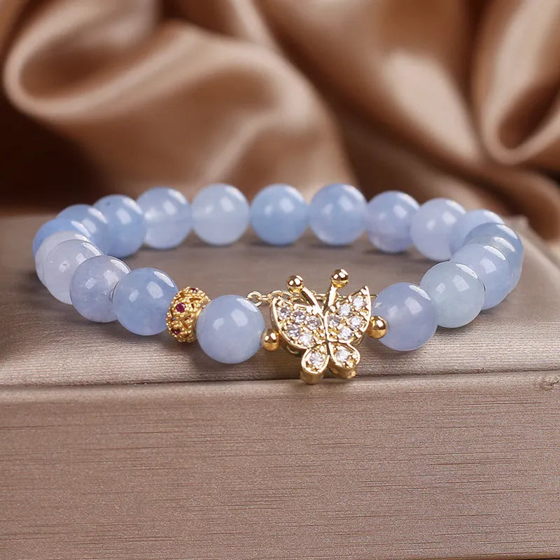Sky blue butterfly crystal bracelet for women with pearl and rhinestone details