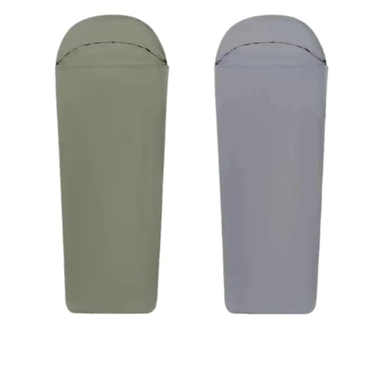 Blue mummy-style nylon sleeping bag unrolled, showing tapered design and matt fabric texture.