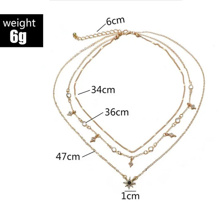 Handmade alloy multi-layer star pendant necklace in gold colour with layered chains and star pendants