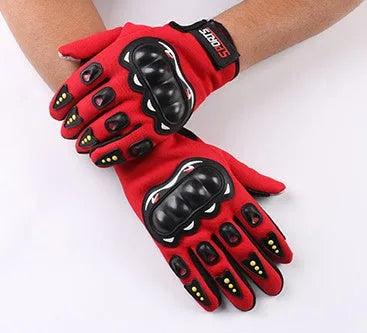Full finger riding gloves in black, blue, or red with touch screen fingertip, hard shell, anti-slip palm, and Velcro closure