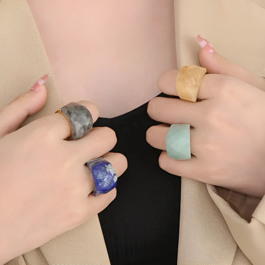 Women's geometric stainless steel natural stone ring with 17mm width in electroplated finish