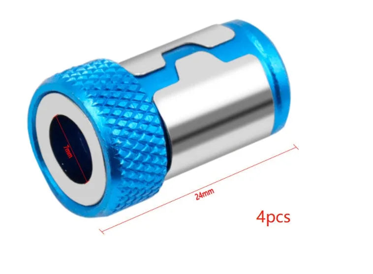 Light blue screwdriver bit with magnetic ring for slotted screw assembly