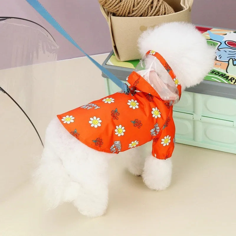 Transparent dog raincoat with pull ring traction in orange floral pattern
