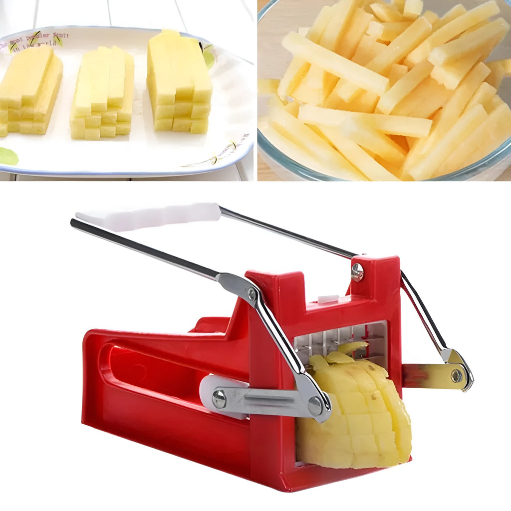 Potato cutter chopper with two stainless steel blades and non-slip rubber foot in kitchen setting