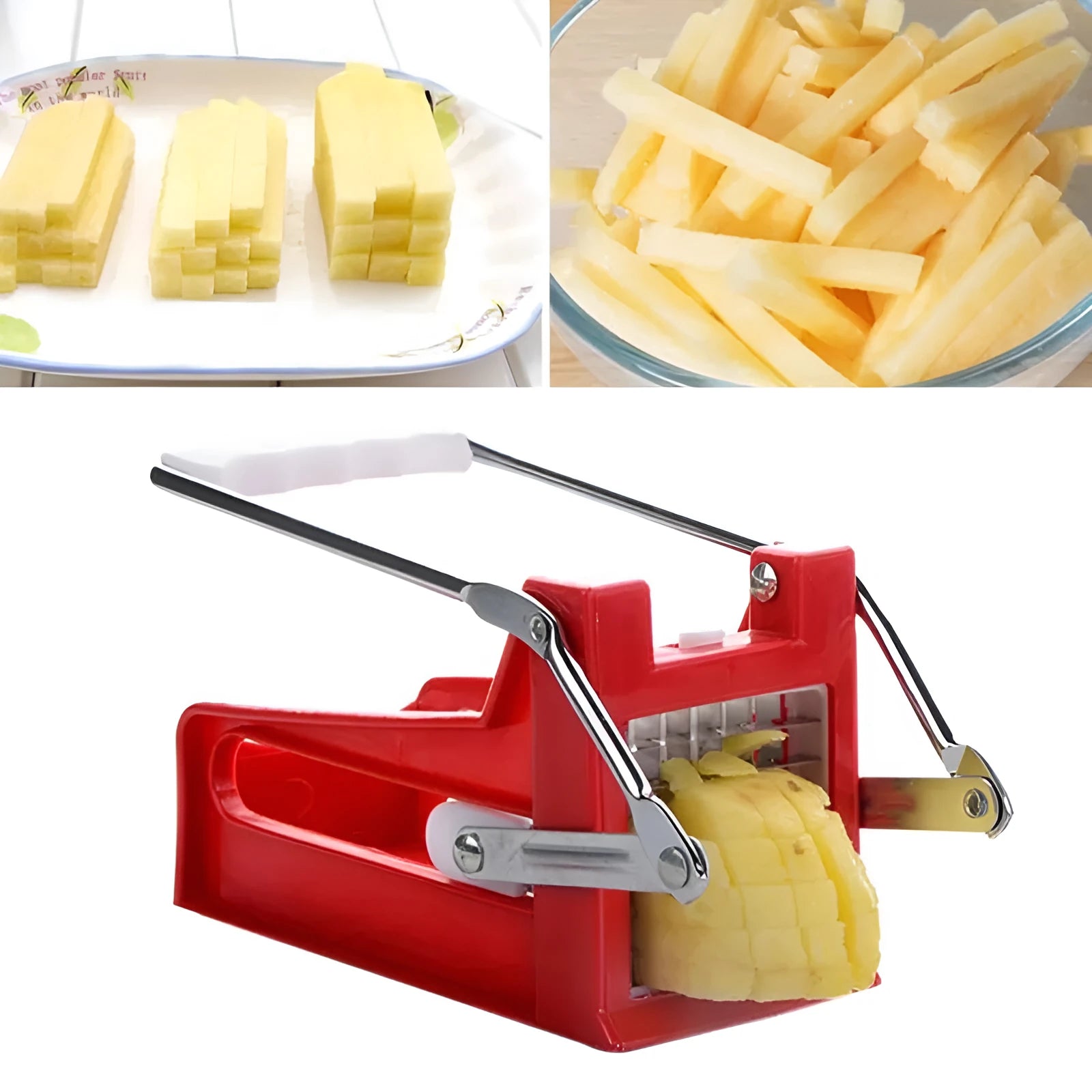 Potato cutter chopper with two stainless steel blades and non-slip rubber foot in kitchen setting