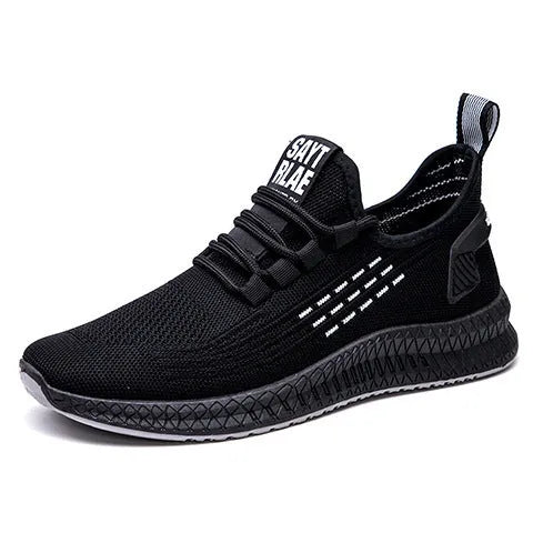 Men's black casual sports shoes with flying three bars stripe pattern and cross strap details on a white background.