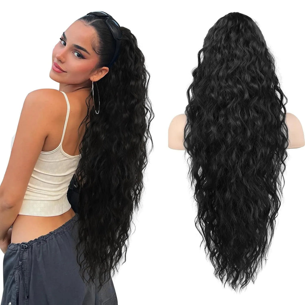 Long curly synthetic ponytail wig in a fluffy horse tail style, 30 inches in length.
