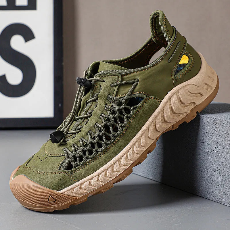 Men's grey hand-woven closed toe sandals with an elastic band and rubber sole