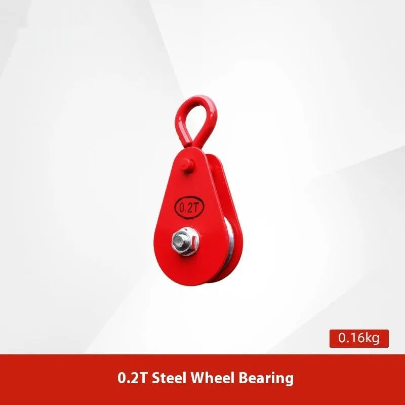 Red industrial lifting pulley with safety latch and forged steel construction