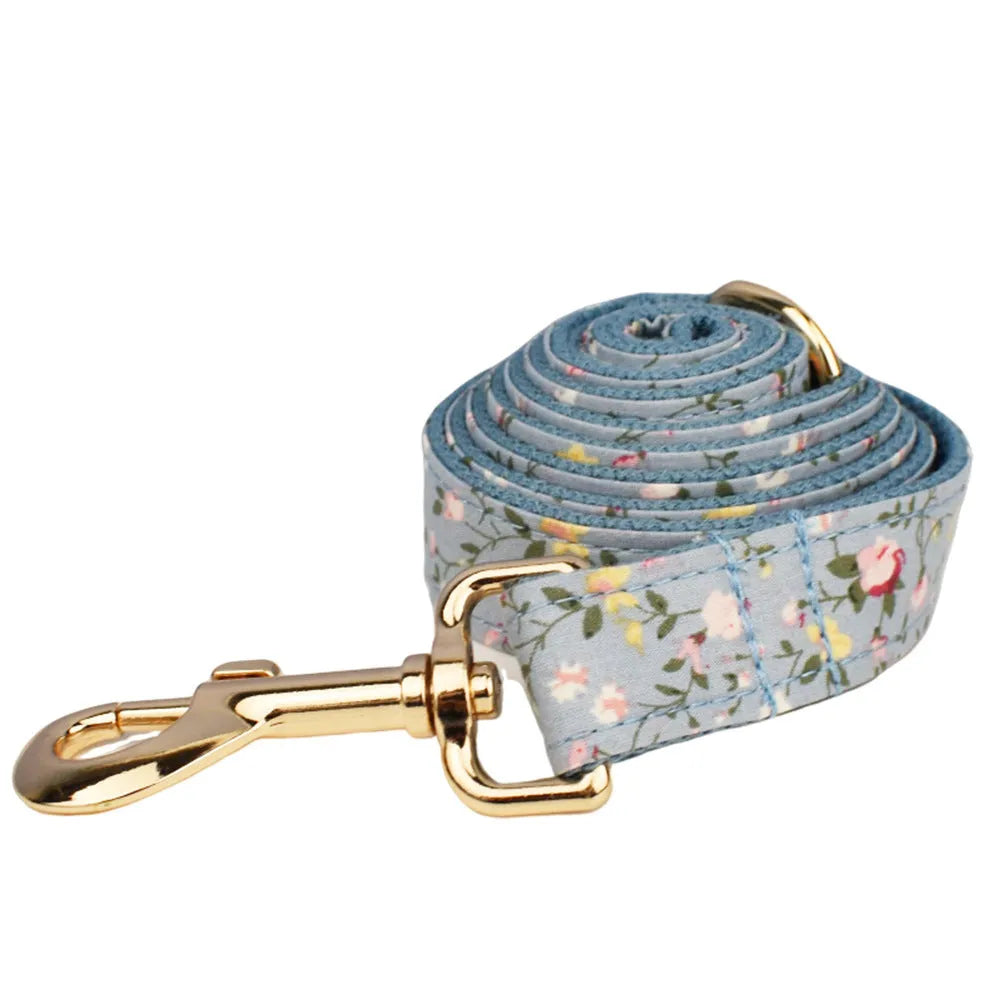 Blue floral pattern dog collar with matching leash and vest set for small to medium dogs