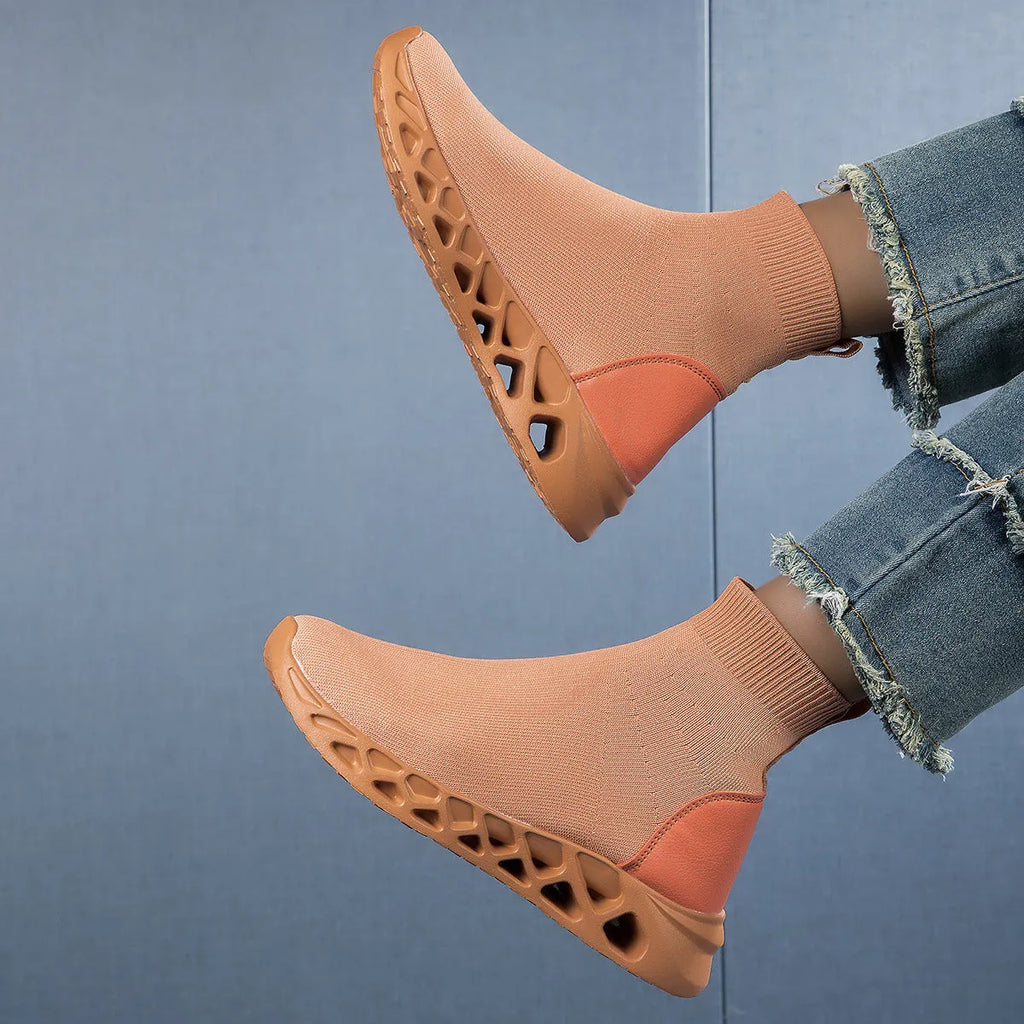 Women's low-top casual mesh sock boots in terracotta warriors colour with round toe and sewing line detailing