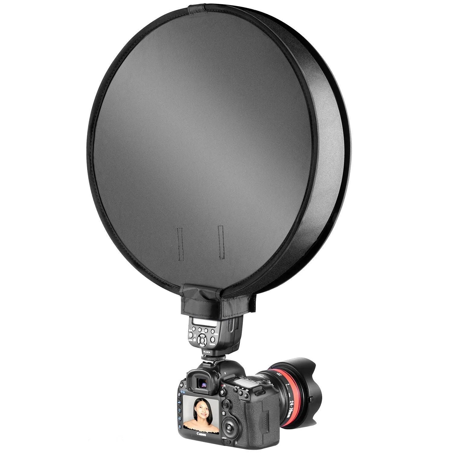 On-camera flash ring soft diffuser in 30cm or 40cm size with alloy strip and 6x10cm opening