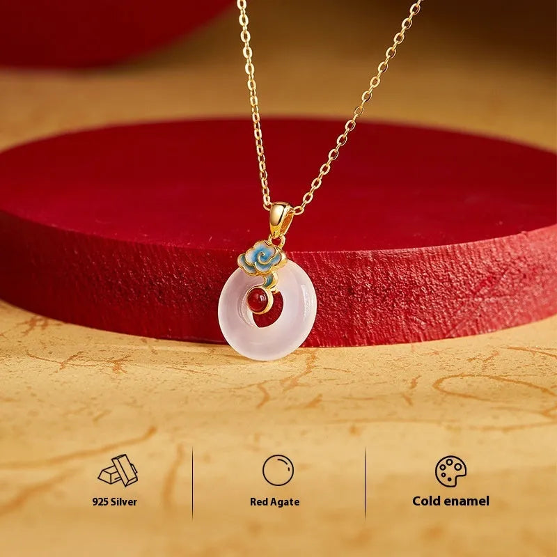 925 silver pendant necklace with cold enamel red agate and white chalcedony stones safety buckle clasp on white background