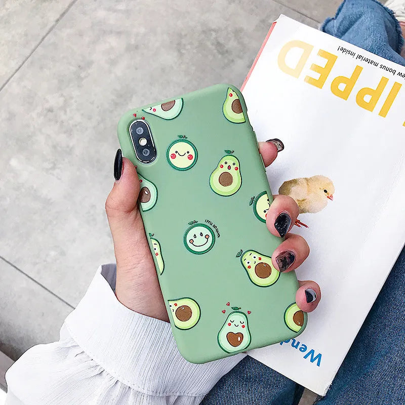 Cartoon avocado design on a green TPU phone case for iPhone models.