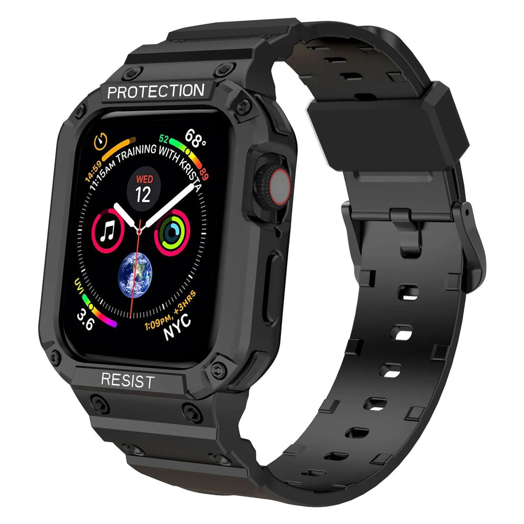 Soft TPU sport strap for Apple Watch Series 8 shown in multiple colours, with 38mm and 42mm size options.