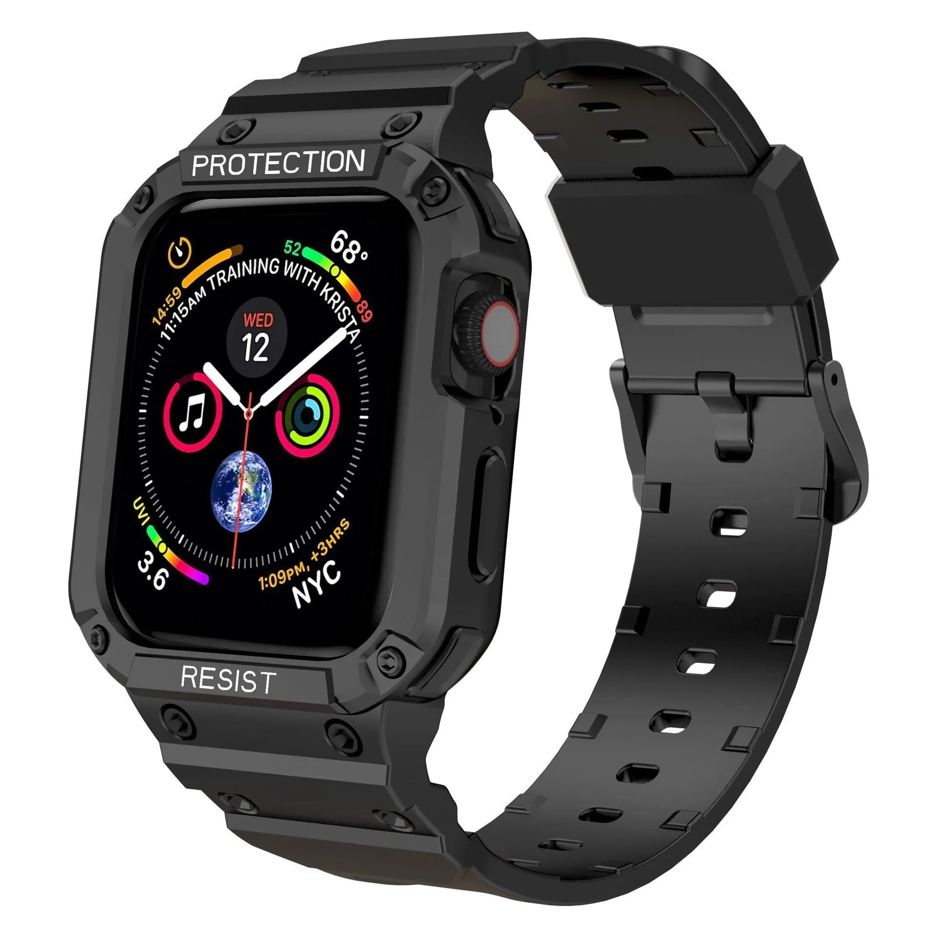Soft TPU sport strap for Apple Watch Series 8 shown in multiple colours, with 38mm and 42mm size options.