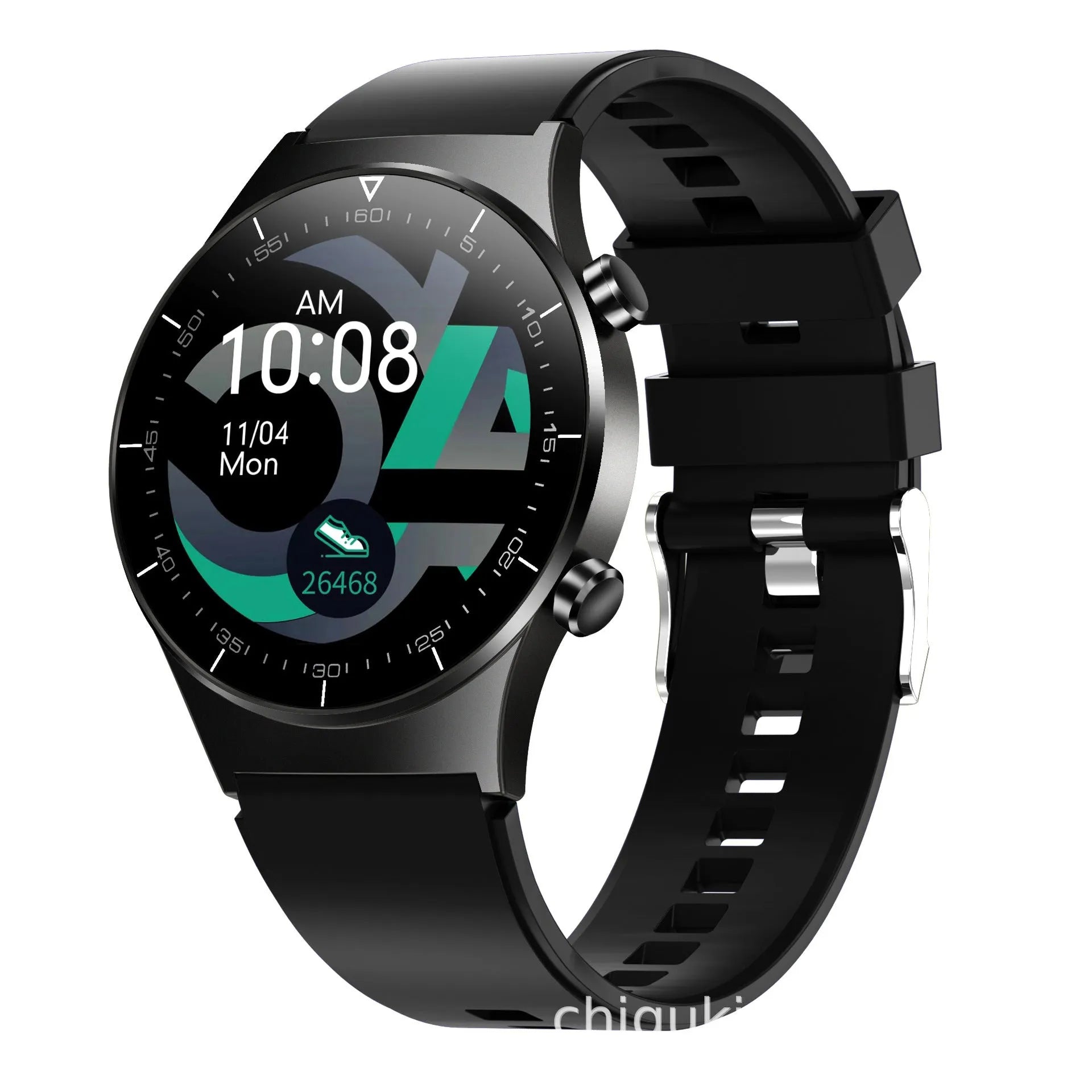 Black smart watch with 1.28 inch screen displaying heart rate and activity metrics on wrist