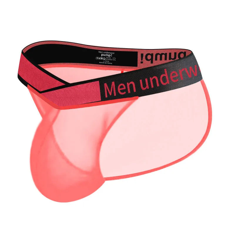 Men's red ice silk nylon briefs with a large V gradient design and high fork cut on a white background.