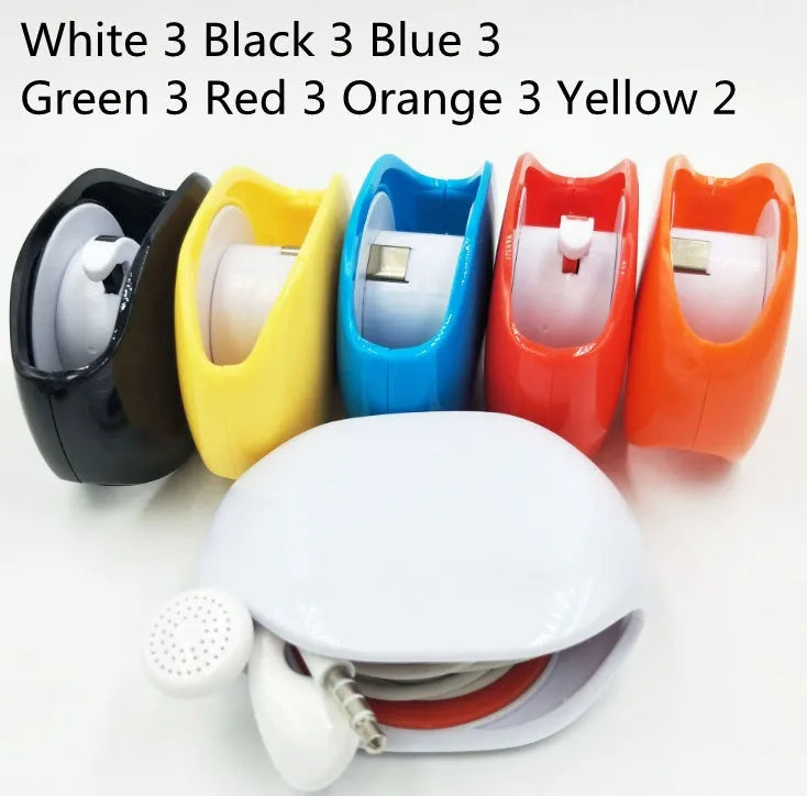 Automatic earphone cable winder retractor in blue, showing compact size next to a 3.5mm jack.