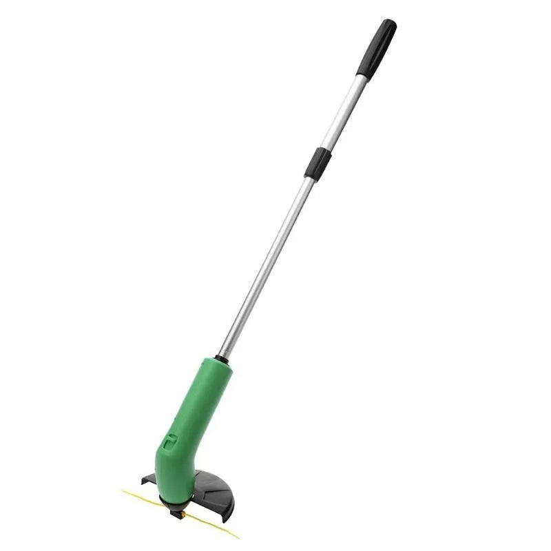 Cordless lawn trimmer with extension pole and protective debris shield for garden maintenance