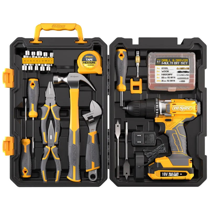 82-piece grey-yellow tool set for furniture installation with chrome-vanadium steel tools in storage case