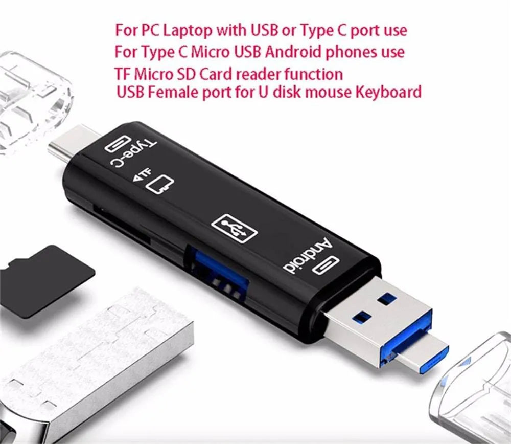 Black or white Type-C Micro USB OTG hub adapter with TF card reader showing USB ports