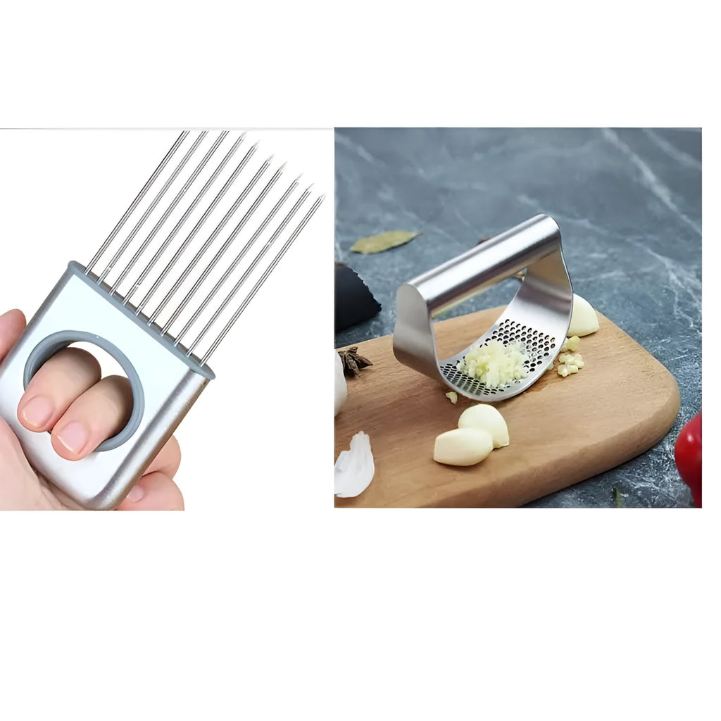 Stainless steel and PP plastic onion fork kitchen utensil for pressing garlic and vegetables.