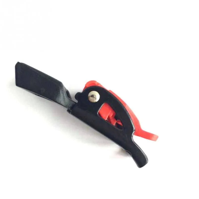 Three black and red plastic quick-release helmet chin strap buckles on white background