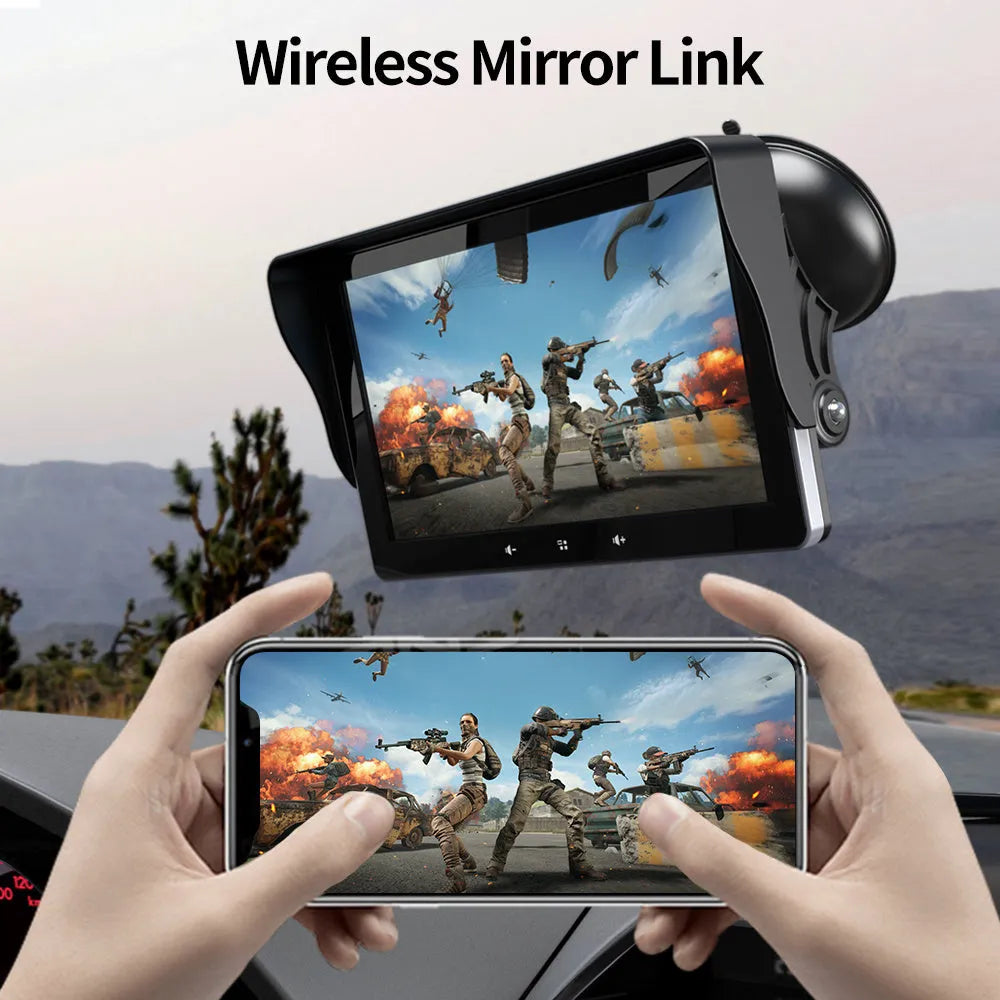 7-inch universal wireless CarPlay display screen with suction cup mount and cigarette lighter power cable.